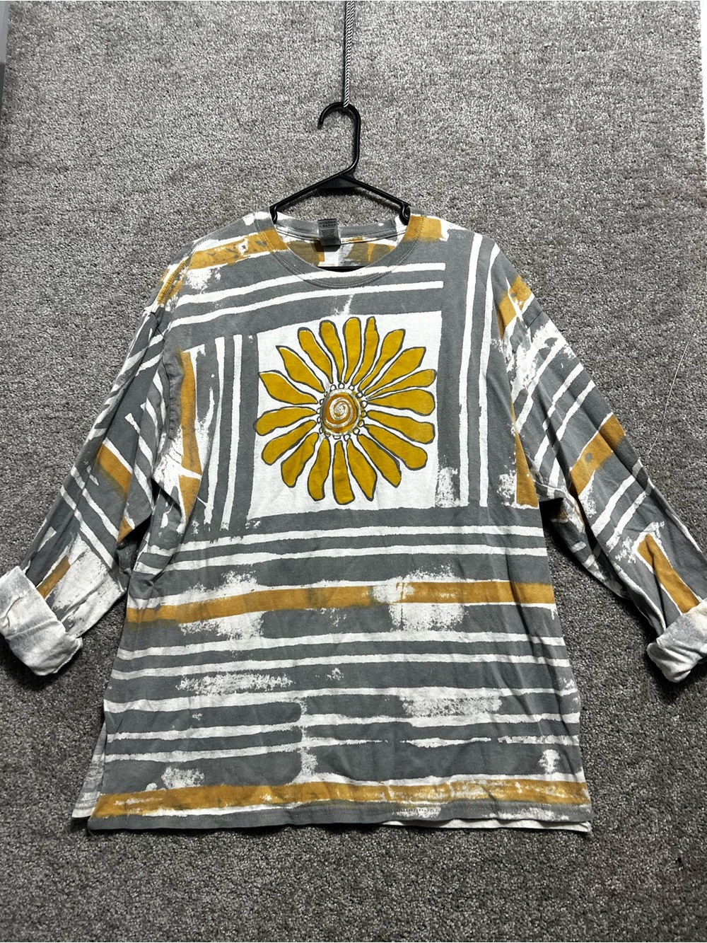 Gildan Woman’s Custom Sunflower Long Sleeve Top Size XL Grey Yellow